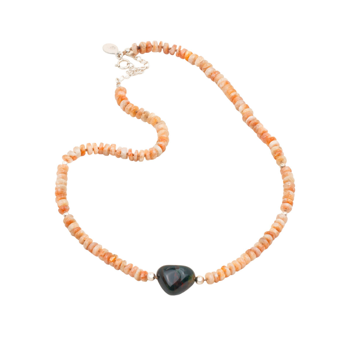 Sunstone and Bloodstone silk necklace with natural gemstones and sterling silver by AMONTA jewellery