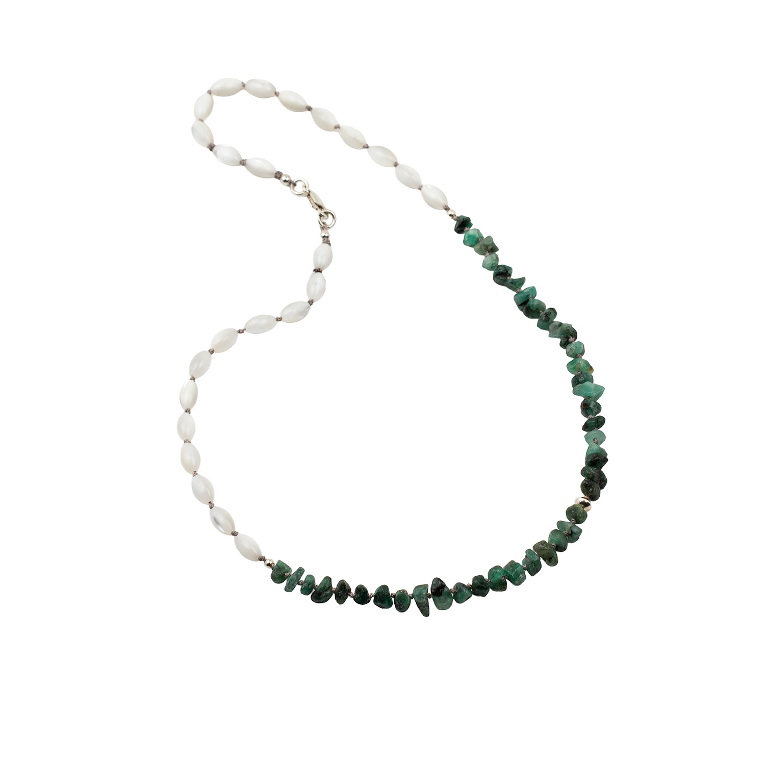 Mother of pearl and emerald silk necklace hand knotted on silk with sterling silver hallmarked clasp by AMONTA jewellery