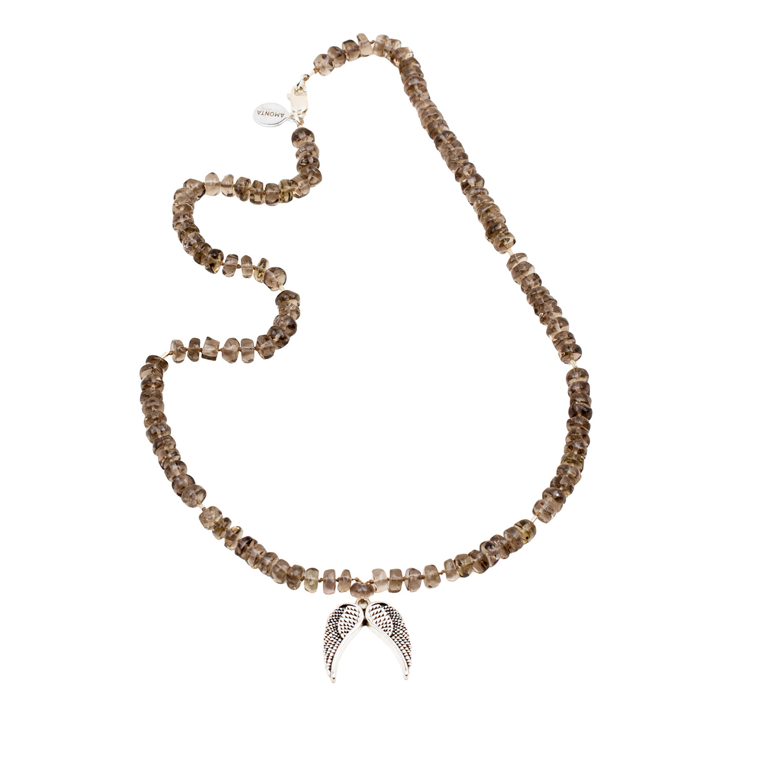 AMONTA jewellery Angel Wings silk necklace, handcrafted smoked quartz necklace on silk