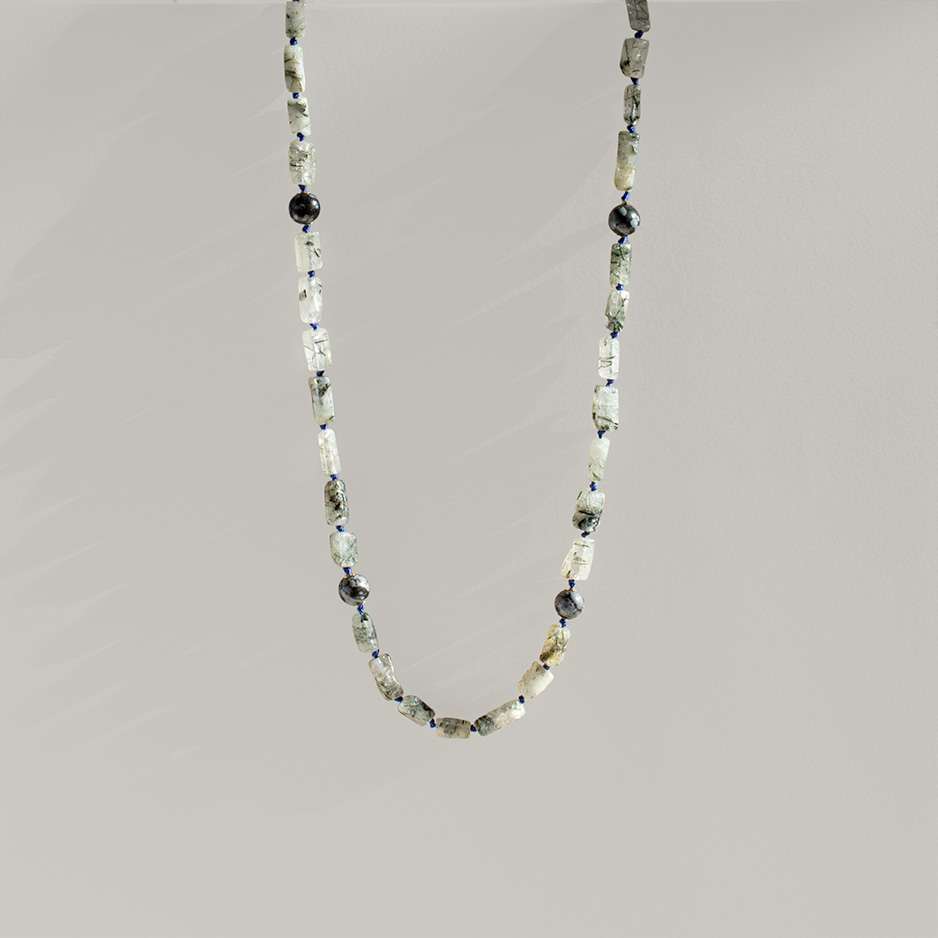 Men’s tourmaline obsidian choker necklace with gold-filled accents and blue silk thread, symbolizing strength and balance
