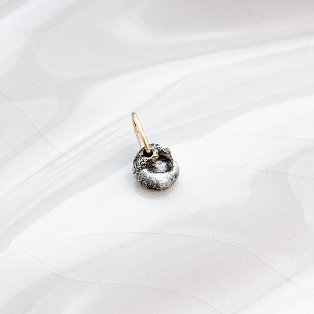 Veil pendant in oxidised Argentium silver with rose-cut salt and pepper diamond and 9ct gold bail, handcrafted AMONTA jewellery