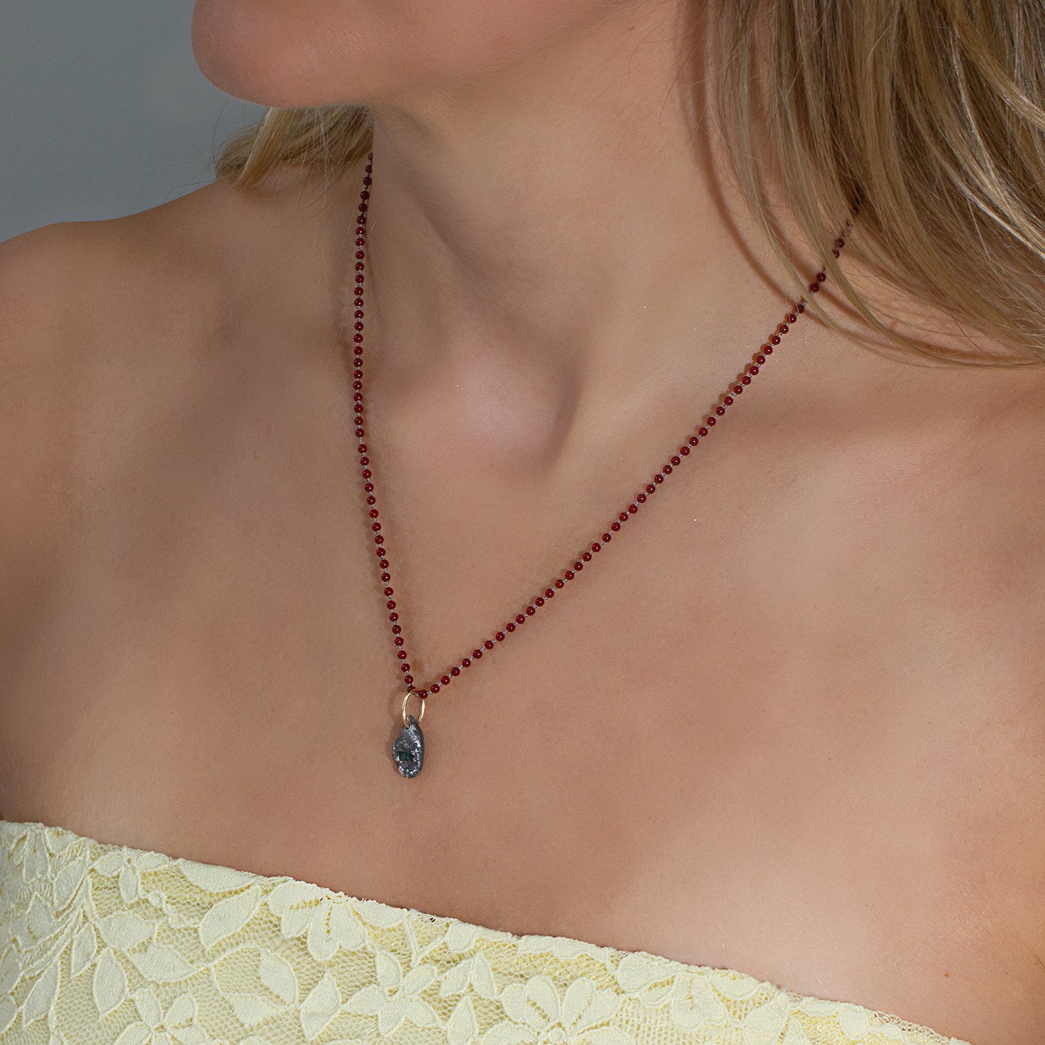 Ember – Red Carnelian Silk Necklace with Argentium® Silver & Gold Pendant - Image 2