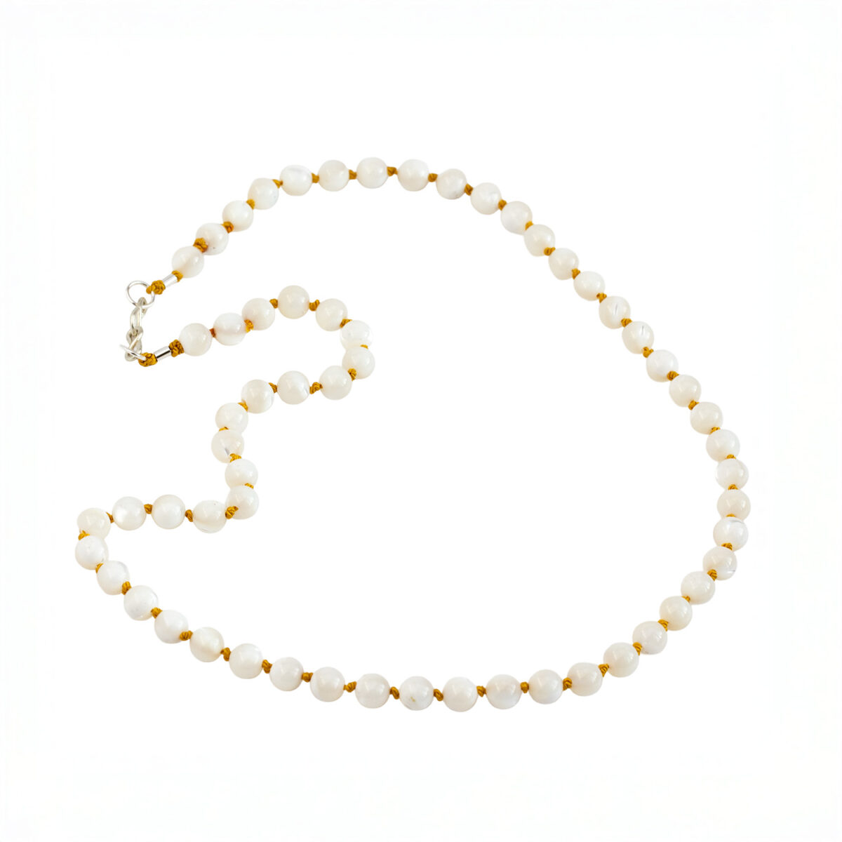 Mother of pearl signature silk necklace hand knotted on golden silk with sterling silver hook clasp by AMONTA jewellery