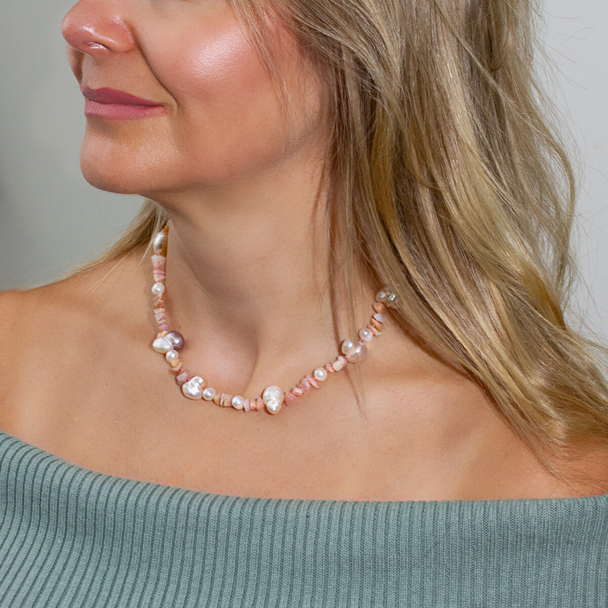 Baroque pearl, pink opal and white pearl silk necklace with handmade hallmarked silver clasp by AMONTA jewellery