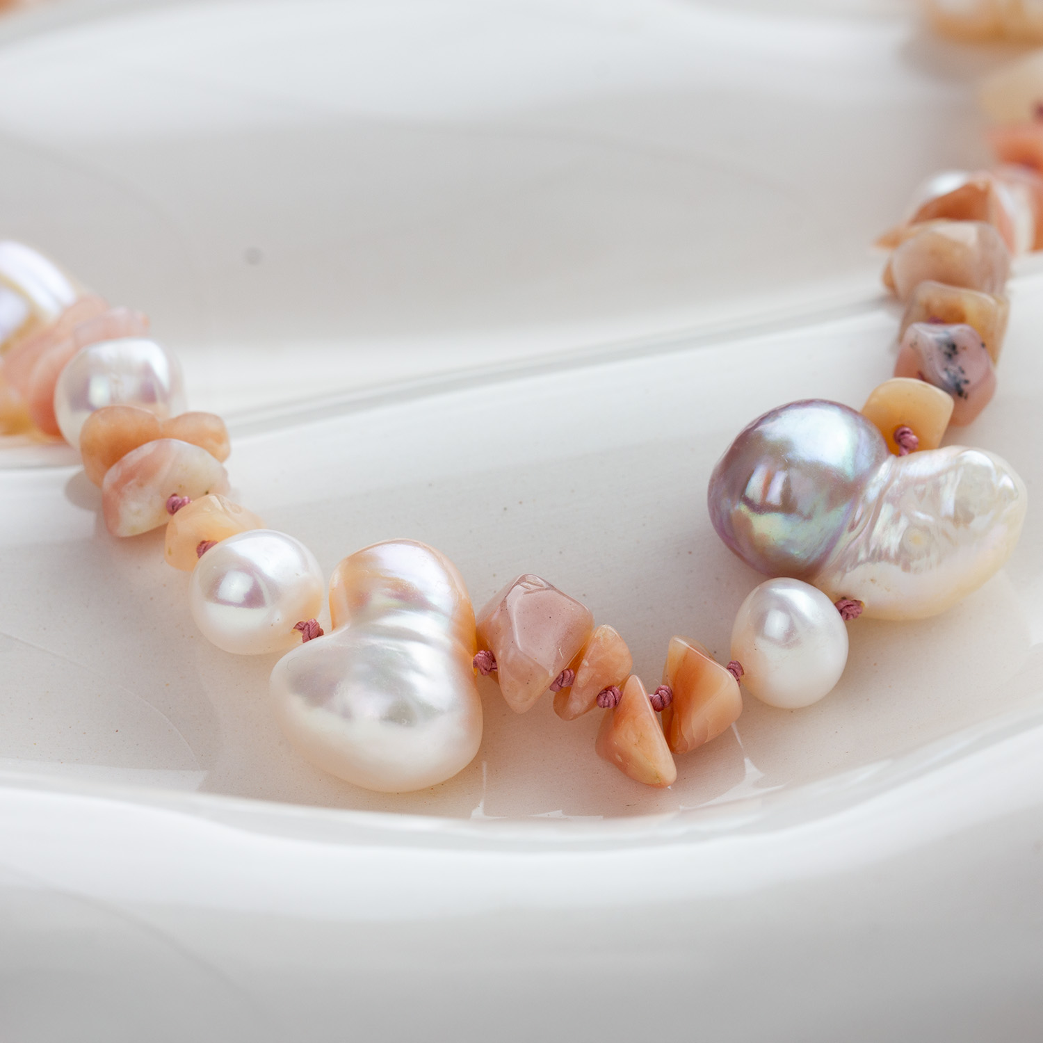 Barouque Pearl and Pink Opal Silk Necklace - Image 4