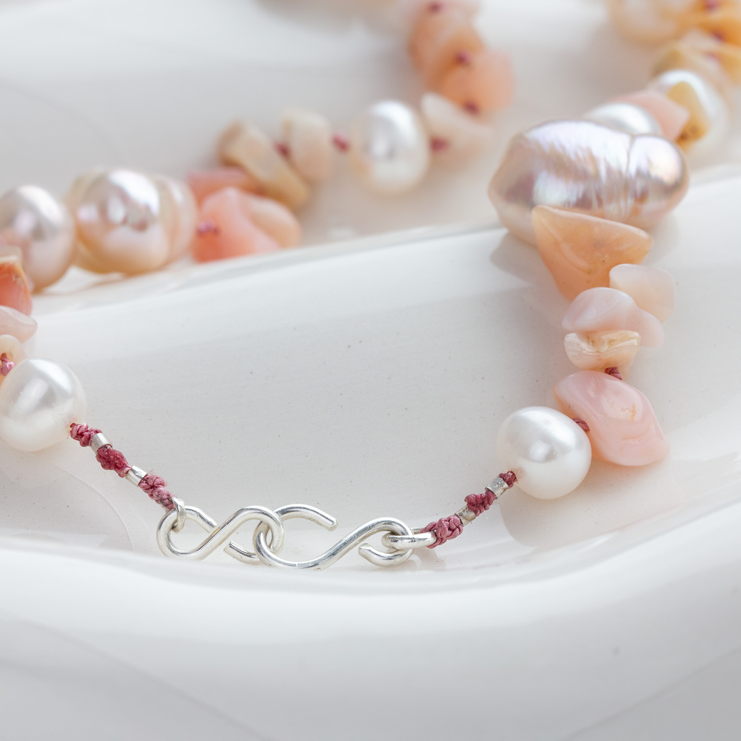 Barouque Pearl and Pink Opal Silk Necklace - Image 5