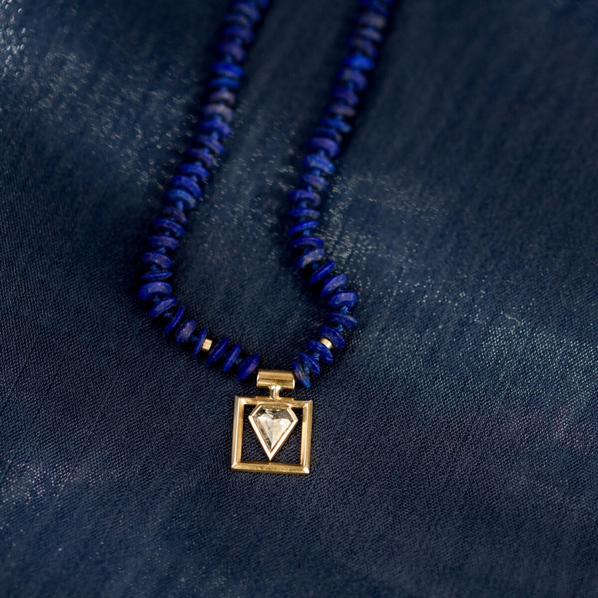 Shield – Hand Knotted Lapis Lazuli Silk Necklace with Salt & Pepper Diamond Pendant