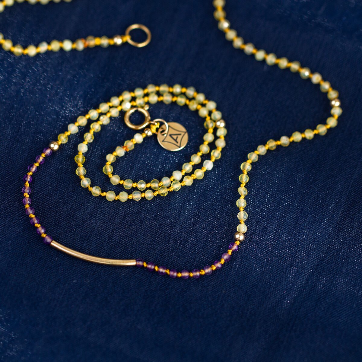 Sun Kissed – Hand Knotted Yellow Opal & Amethyst Silk Necklace