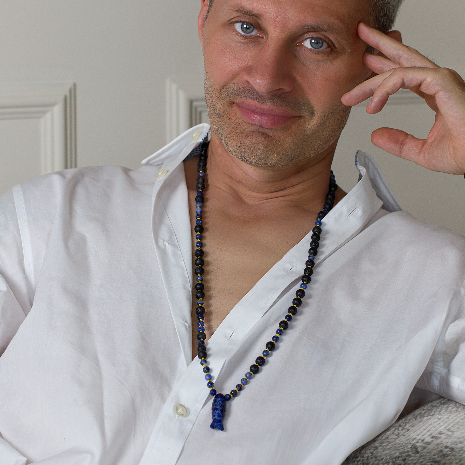 Blue Current – Lapis Fish And Lava Necklace - Image 3