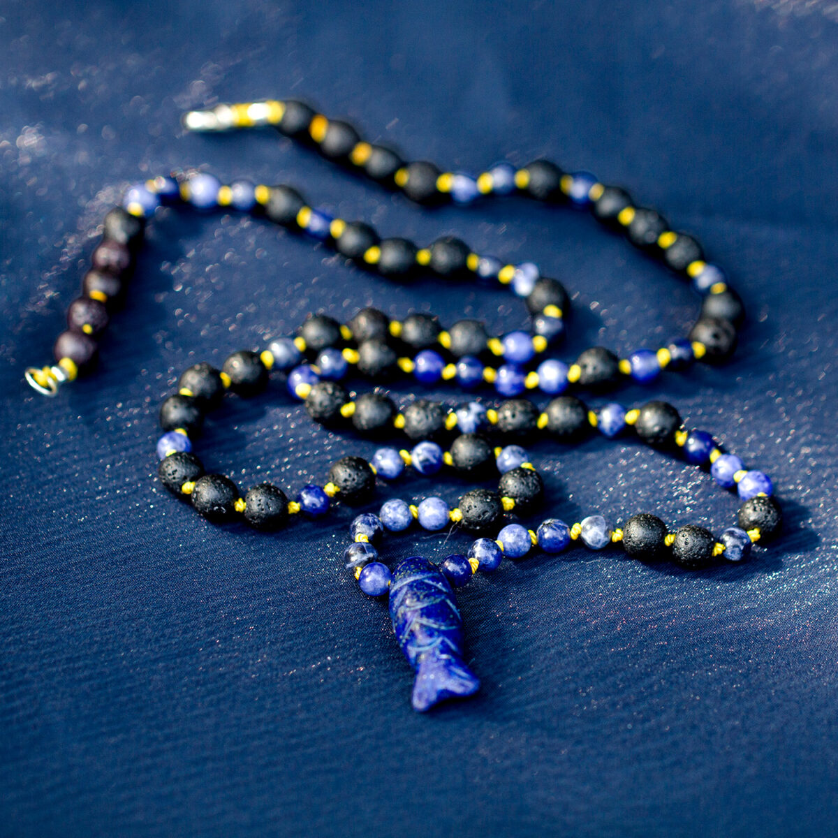 Blue Current &ndash; Lapis Fish And Lava Necklace