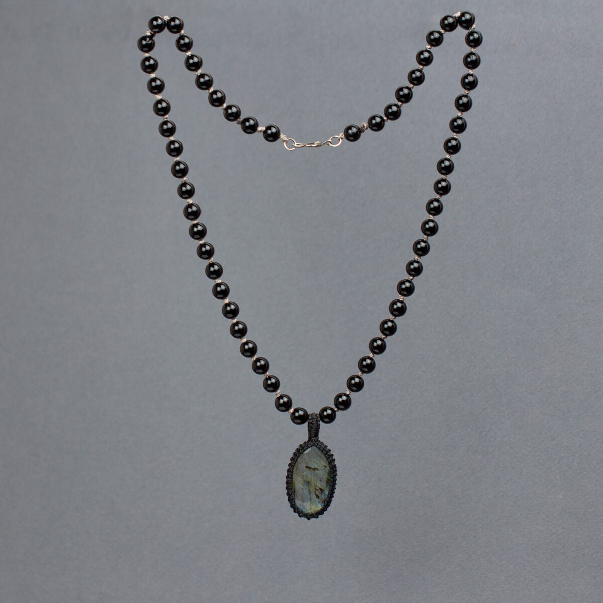 Unisex labradorite and black onyx necklace hand-knotted on black silk by AMONTA Jewellery
